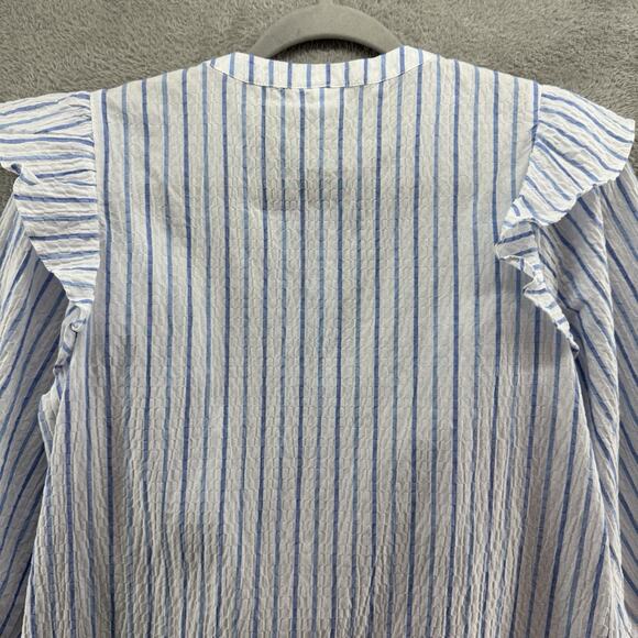 TheGET Top Womens S White Blue Striped Ruffle Button Up Crew Neck Preppy Career - Picture 7 of 12